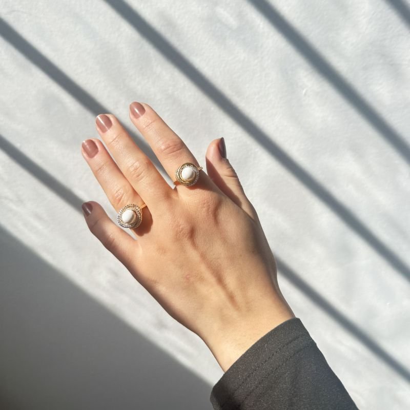 Anel Elos Lisos e Cravejado e Pérola Fressen Endless Banhado a Ouro 18K