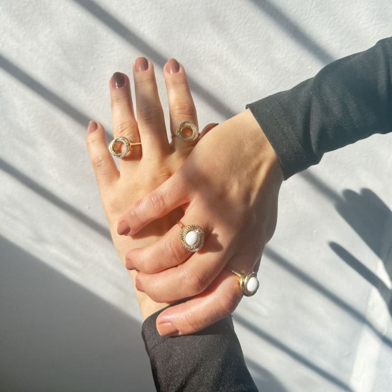 Anel Elos Lisos e Cravejado e Pérola Fressen Endless Banhado a Ouro 18K