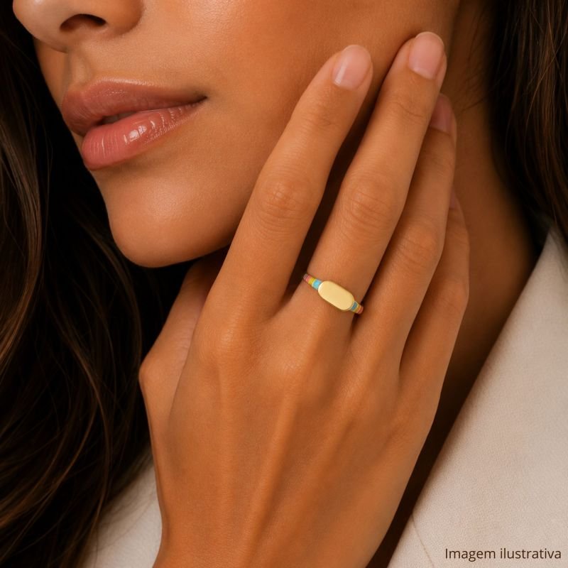 Anel Liso com Esmaltação Italiana Colorida Banhado a Ouro 18K