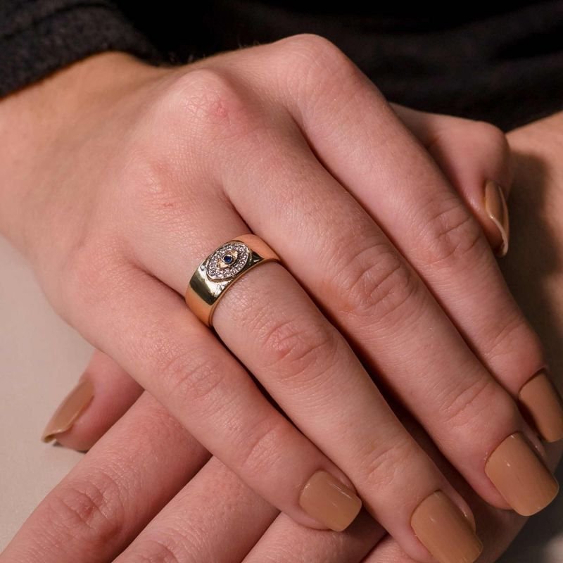 Anel Liso com Olho Grego Cravejado Banhado a Ouro 18K