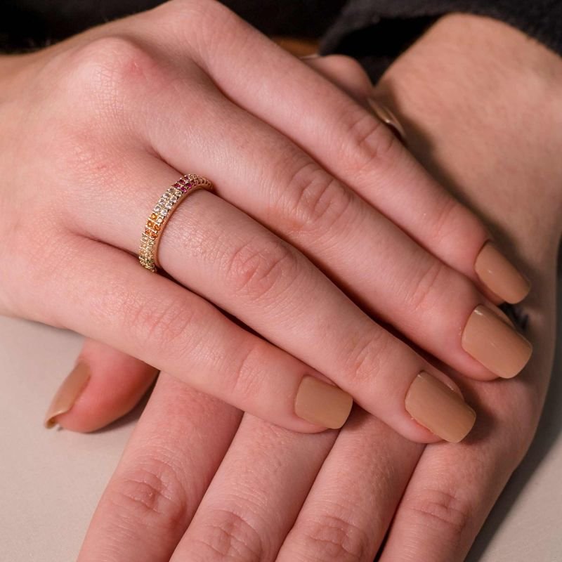 Anel Mom's 2 Fileiras Zircônias Coloridas Banhado a Ouro 18K