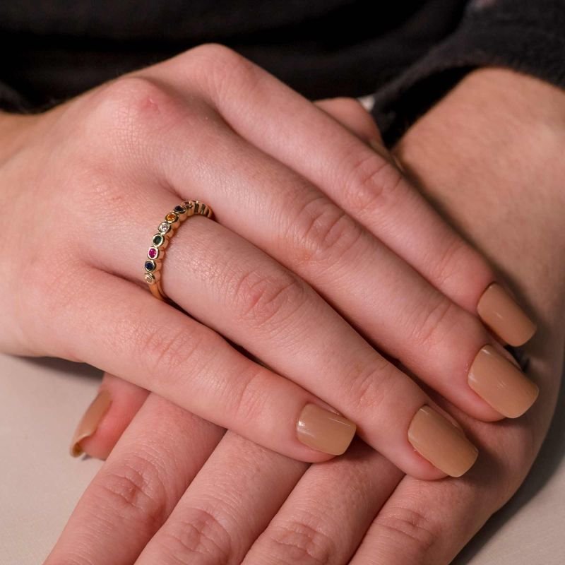 Anel Mom's Fino Cravejado Zircônias Coloridas Banhado a Ouro 18K