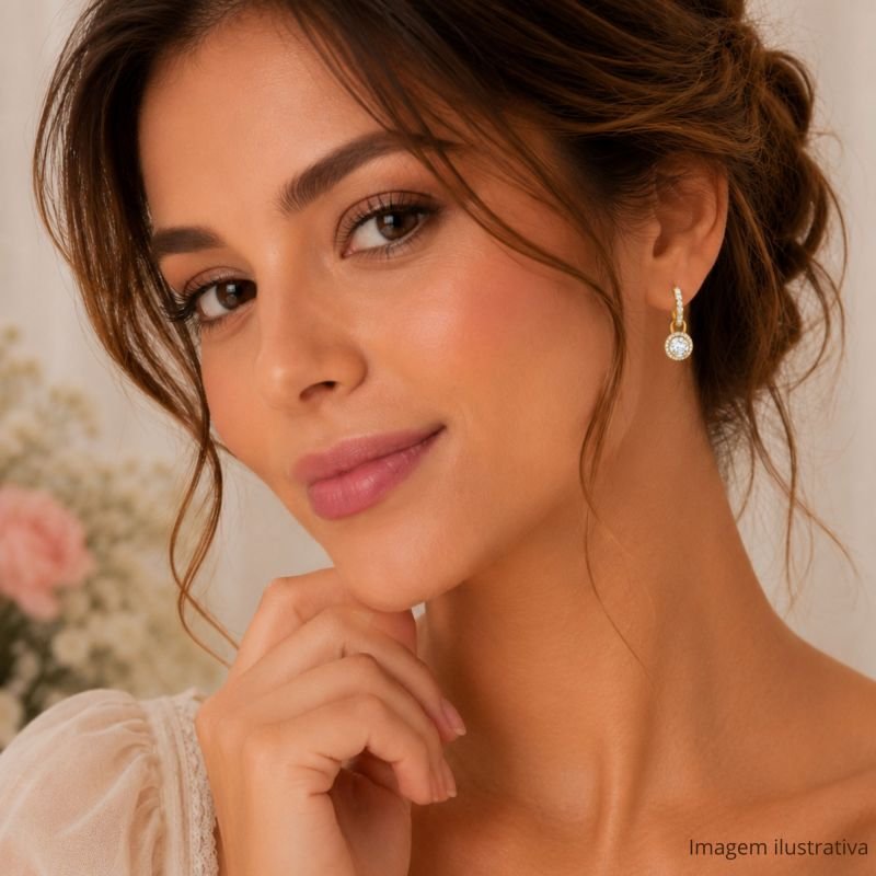 Brinco Argola Cravejada e Pendente Ponto de Luz Fressen Lovers Banhado a Ouro 18K