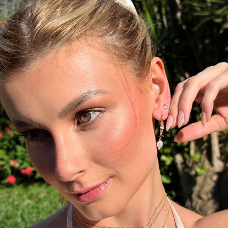 Brinco Argola Estrela e Pérola Fressen Amuleto Banhado a Ouro 18K