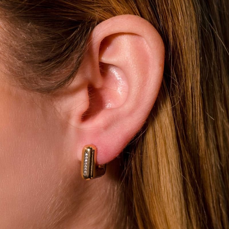 Brinco Argola Quadrada Lisa 1 Fileira de Zircônia Banhado a Ouro 18K