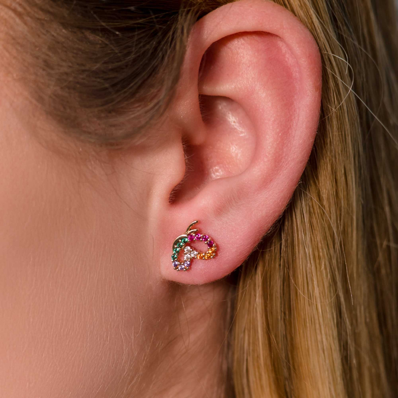 Brinco Borboleta Cravejado com Zircônias Coloridas Banhado a Ouro 18K