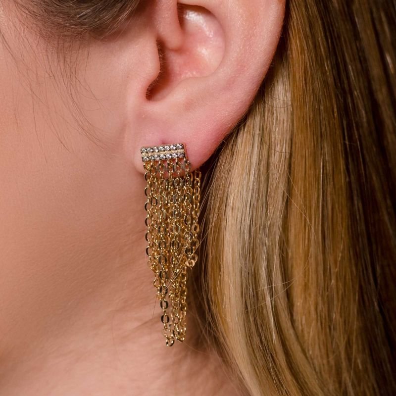 Brinco Comprido 6 Fios Corrente com Base Cravejada Banhado a Ouro 18K