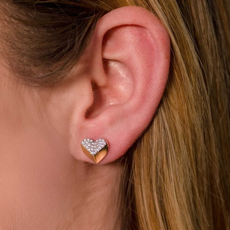 Brinco Day to Night Coração Liso e Cravejado Banhado a Ouro 18K