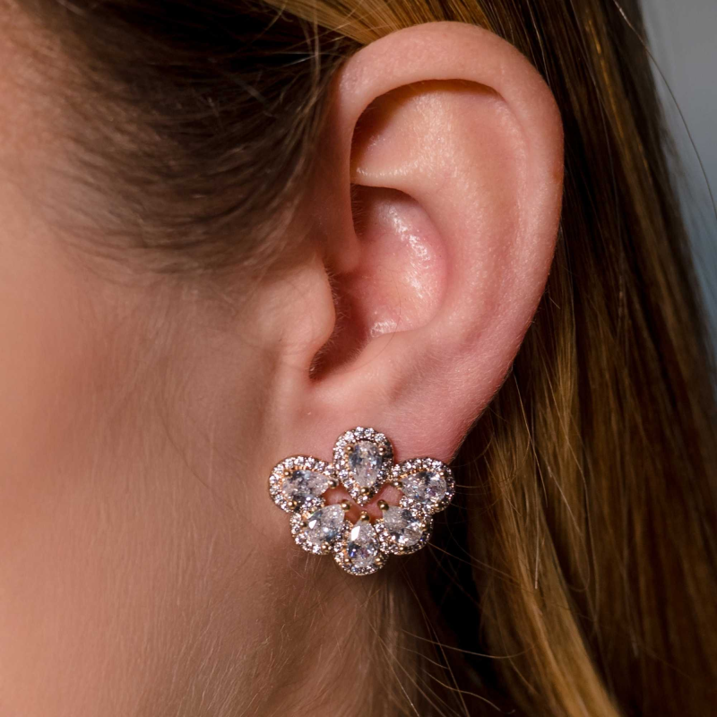 Brinco Leque Zircônia Gota Banhado a Ouro 18K