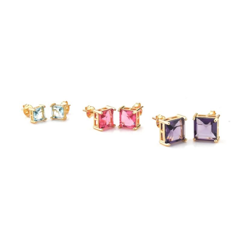 Brinco Quadrado Colorido Banhado a Ouro 18K