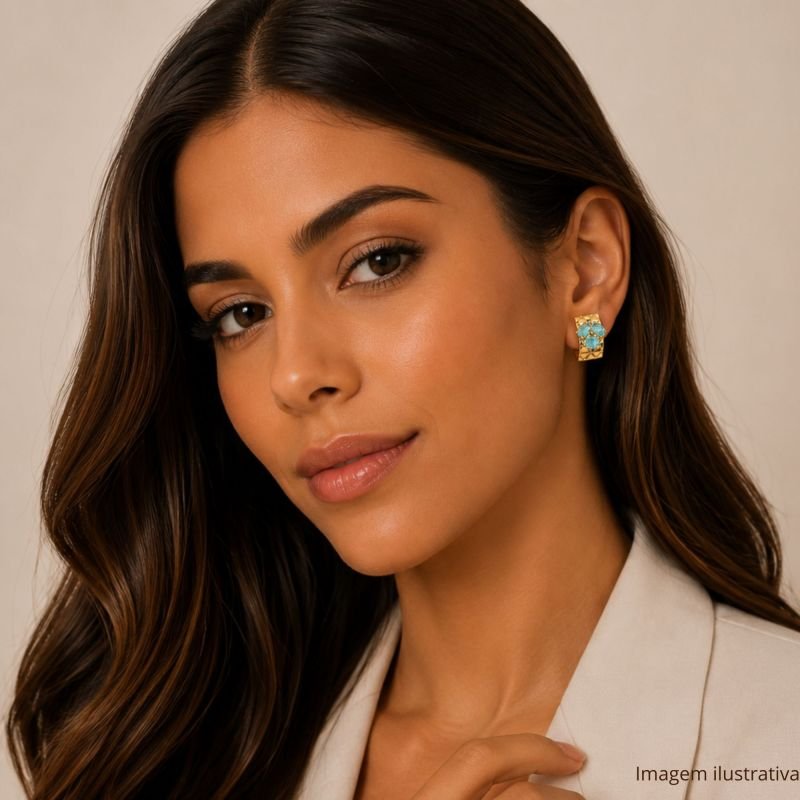 Brinco Trabalhado Zircônia Azul Banhado a Ouro 18K