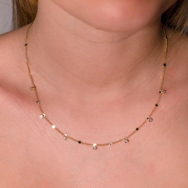 Colar Detalhe Corrente Grumet Chapinha Redonda 7 Pontos de Luz Banhado a Ouro 18K