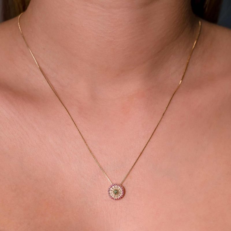 Colar Pingente de Círculo Cravejado Corrente Veneziana Banhado a Ouro 18K