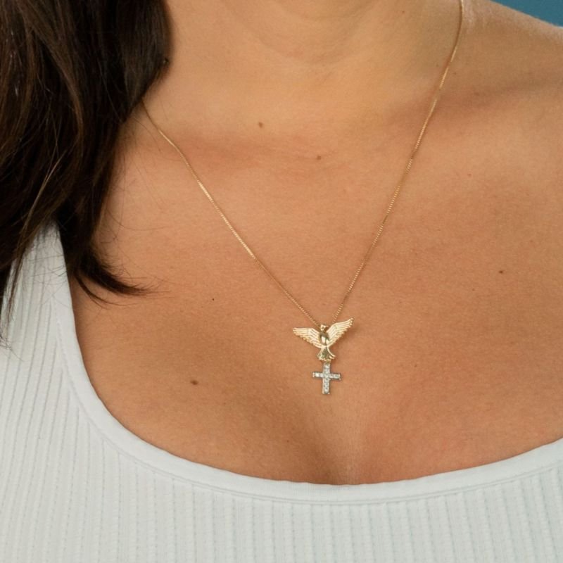 Pingente Espirito Santo e Cruz Banhado a Ouro 18K