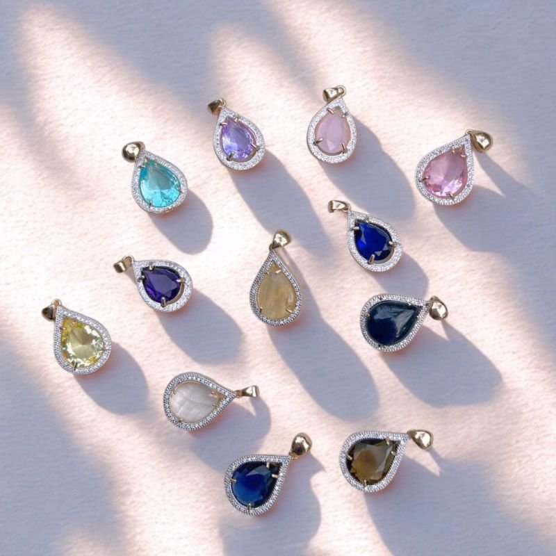 Pingente Gota Colorida e Cravejada Banhado a Ouro 18K