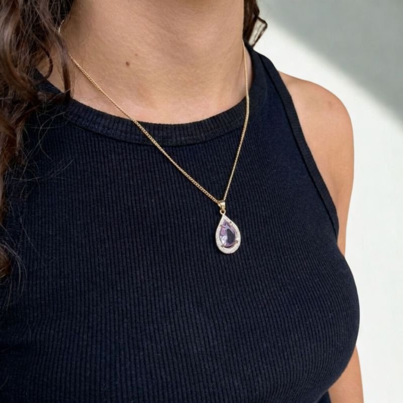 Pingente Gota Colorida e Cravejada Banhado a Ouro 18K