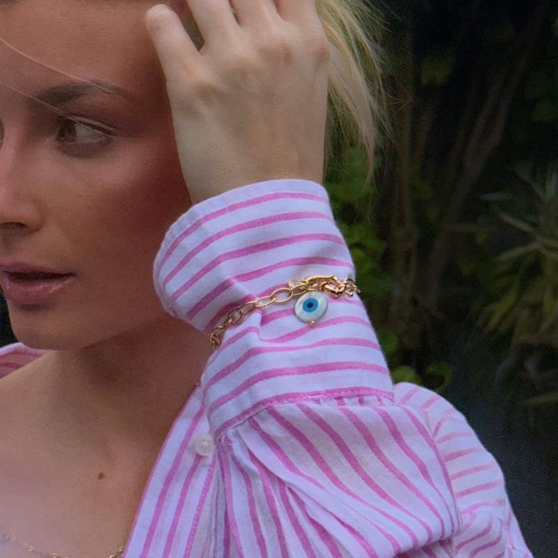 Pulseira Olho Grego Pimenta e Ponto de luz Fressen Amuleto Banhada a Ouro 18K